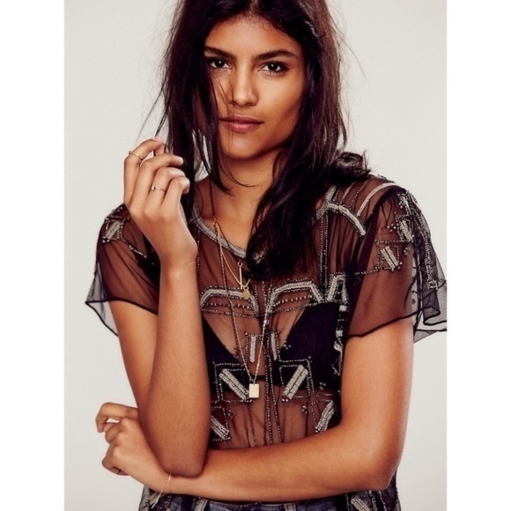 Free people across time black beaded sheer top